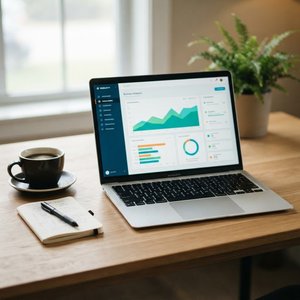 Notebook exibindo um painel simples de indicadores da empresa